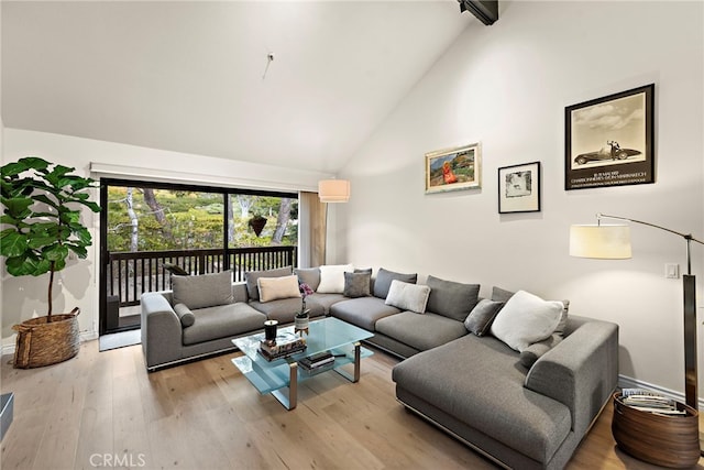 living room featuring high vaulted ceiling and light hardwood / wood-style flooring