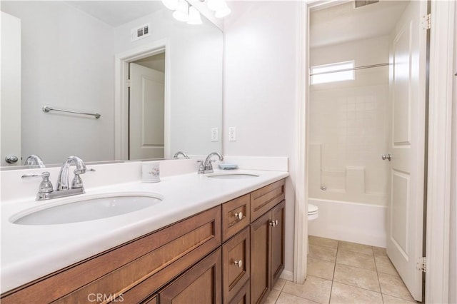 full bathroom with tile patterned flooring, vanity, toilet, and shower / bath combination