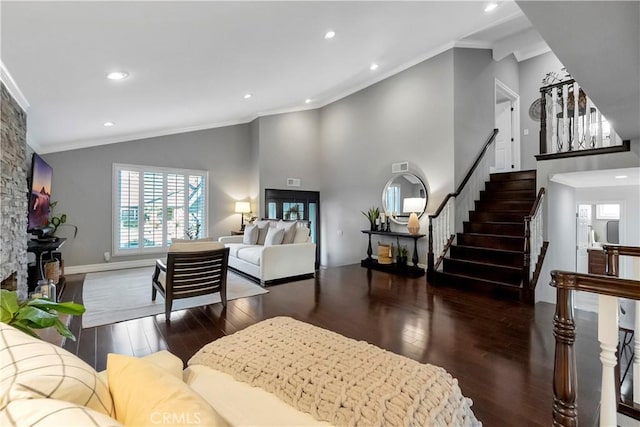 living room with ornamental molding, high vaulted ceiling, dark wood-type flooring, and a fireplace