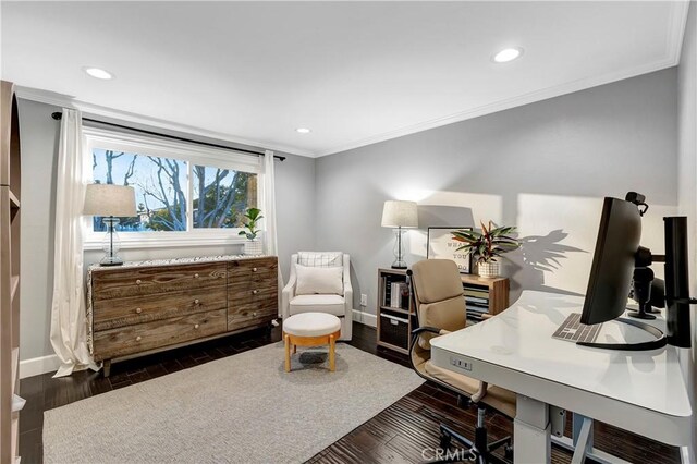 office space featuring crown molding and dark hardwood / wood-style floors