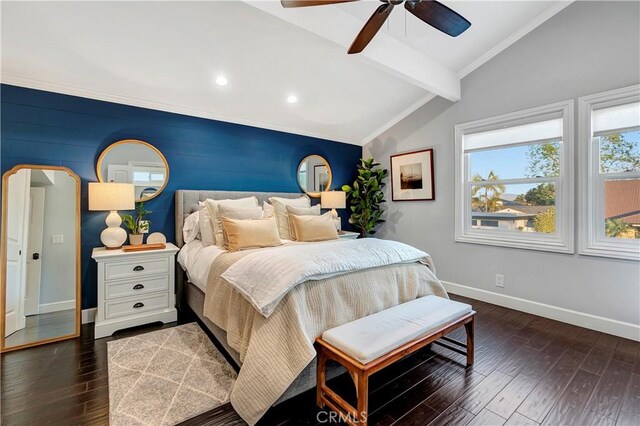 bedroom with dark wood-type flooring, ceiling fan, and vaulted ceiling with beams