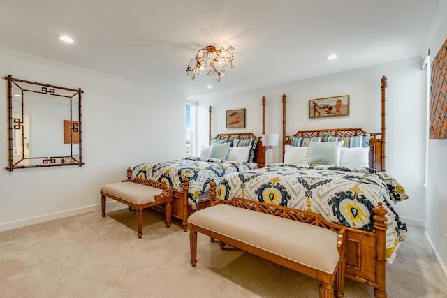 carpeted bedroom featuring crown molding and a chandelier