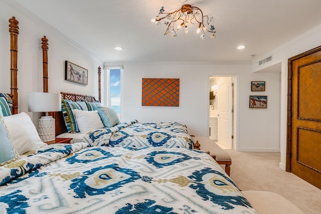 carpeted bedroom with crown molding, a notable chandelier, and ensuite bath