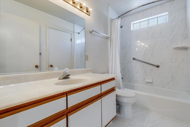 full bathroom featuring vanity, shower / bathtub combination with curtain, and toilet