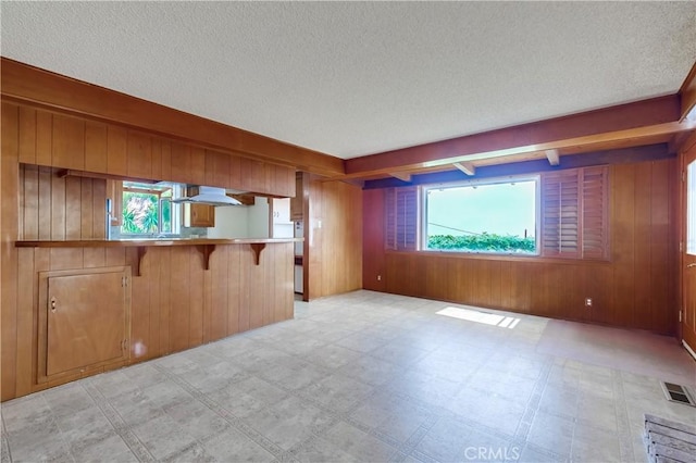 spare room with plenty of natural light, a textured ceiling, and wood walls