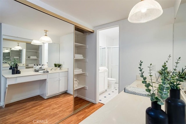 bathroom with wood-type flooring, toilet, and vanity