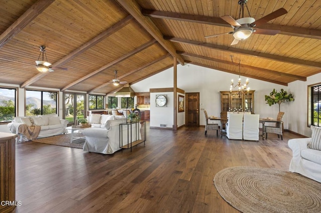 unfurnished living room featuring beam ceiling, high vaulted ceiling, ceiling fan with notable chandelier, and dark hardwood / wood-style flooring