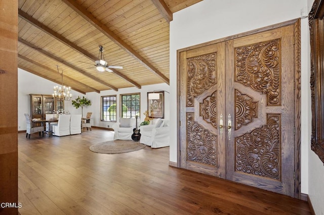 foyer with dark wood-type flooring, wood ceiling, high vaulted ceiling, beam ceiling, and ceiling fan with notable chandelier