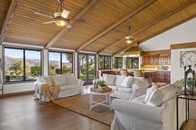 living room featuring hardwood / wood-style flooring, a mountain view, plenty of natural light, and beamed ceiling