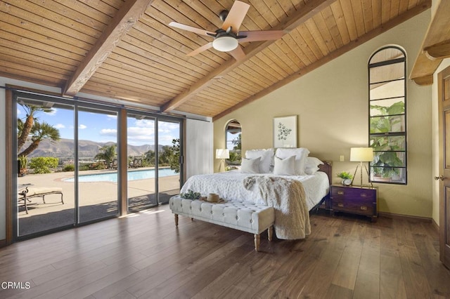 bedroom with lofted ceiling with beams, wooden ceiling, dark hardwood / wood-style flooring, a mountain view, and access to exterior