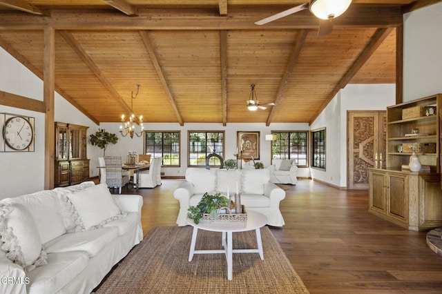 living room with plenty of natural light, dark wood-type flooring, ceiling fan with notable chandelier, and wood ceiling