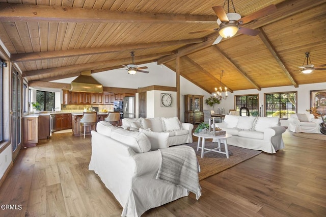 living room featuring ceiling fan with notable chandelier, light hardwood / wood-style flooring, wooden ceiling, and beamed ceiling