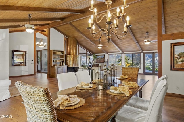 dining space featuring wood ceiling, wood-type flooring, beamed ceiling, and ceiling fan with notable chandelier