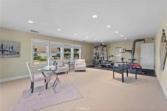 workout area with visible vents, recessed lighting, carpet flooring, and baseboards