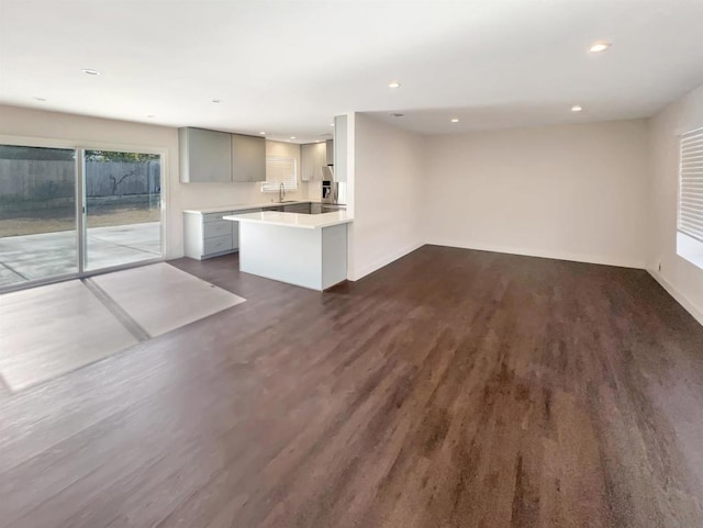 kitchen with gray cabinets, dark hardwood / wood-style floors, and sink