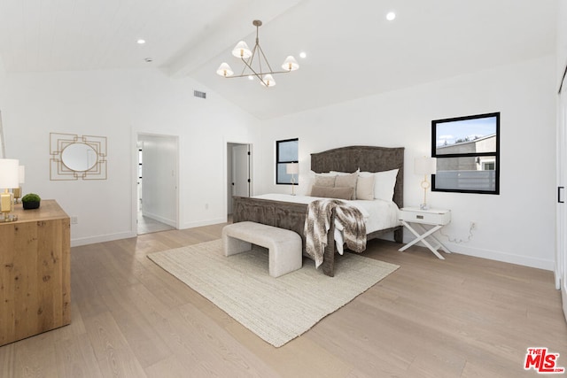 bedroom featuring an inviting chandelier, beam ceiling, light hardwood / wood-style flooring, and high vaulted ceiling