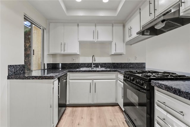 kitchen with white cabinets, a raised ceiling, sink, and black appliances