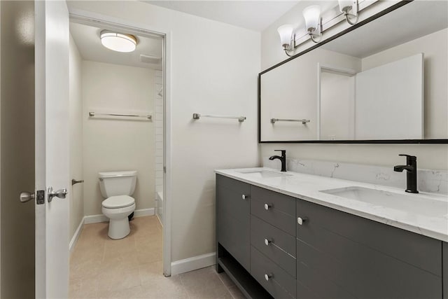 full bathroom with vanity, toilet, bathing tub / shower combination, and tile patterned flooring