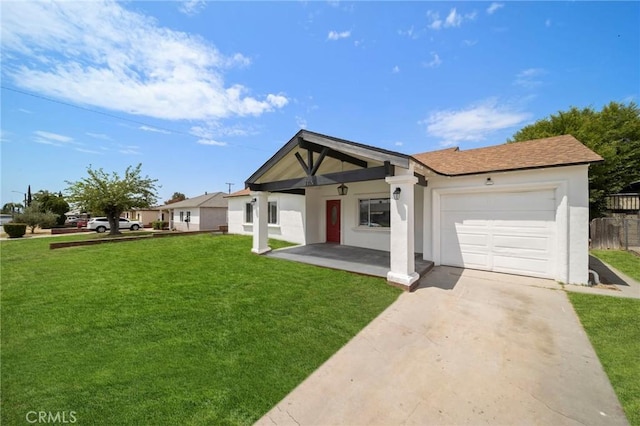 view of front facade featuring a garage, covered porch, and a front lawn