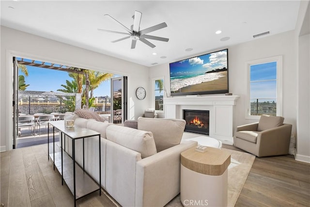 living room with hardwood / wood-style flooring and ceiling fan