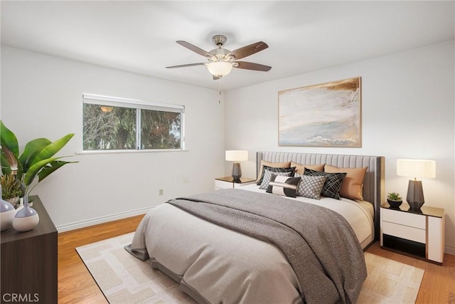 bedroom with ceiling fan and light wood-type flooring