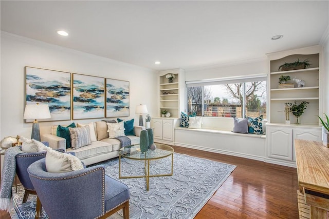 living room featuring ornamental molding and dark wood-type flooring