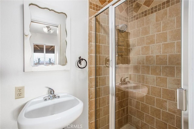 bathroom featuring sink and a shower with shower door