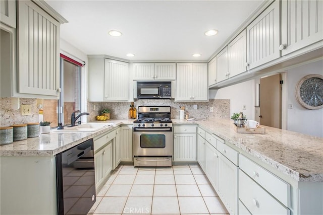 kitchen featuring sink, kitchen peninsula, light tile patterned floors, and black appliances