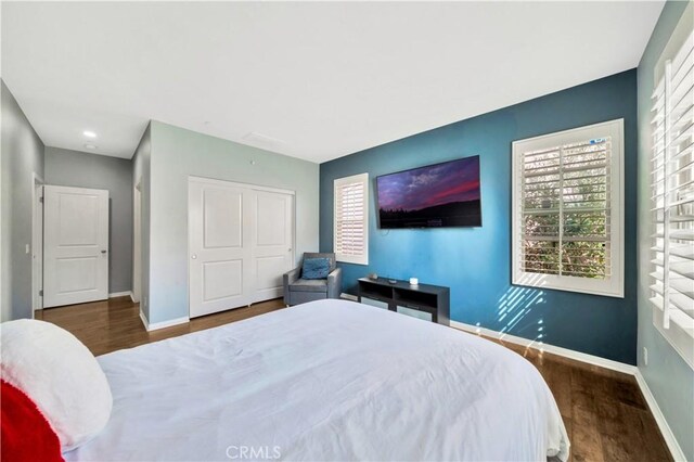 bedroom with wood finished floors, baseboards, and a closet