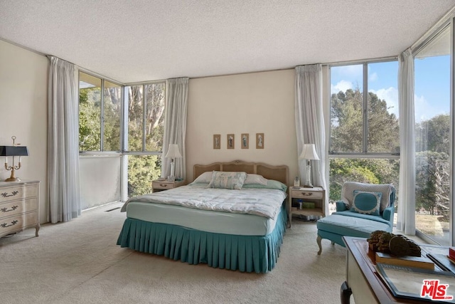 bedroom with multiple windows, light colored carpet, expansive windows, and a textured ceiling