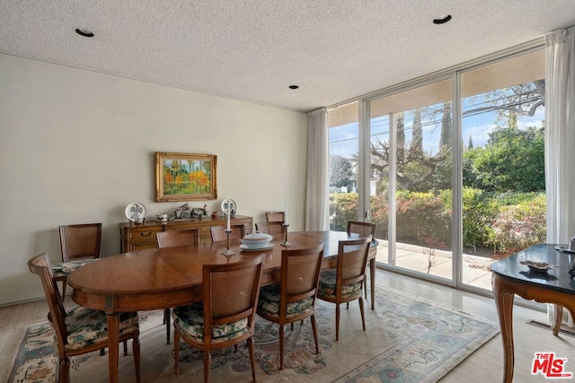 dining area with floor to ceiling windows, a textured ceiling, and a wealth of natural light