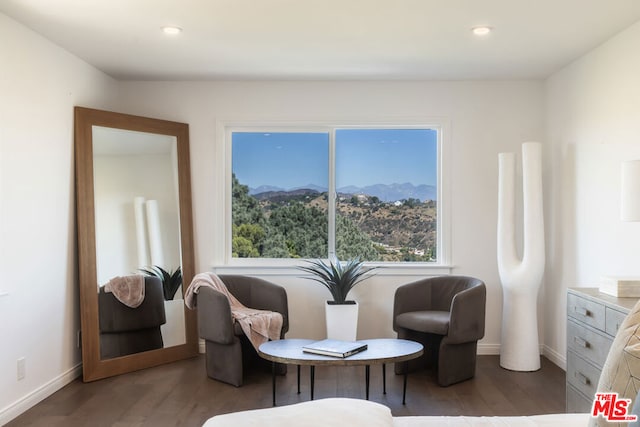 sitting room with dark hardwood / wood-style flooring and a mountain view