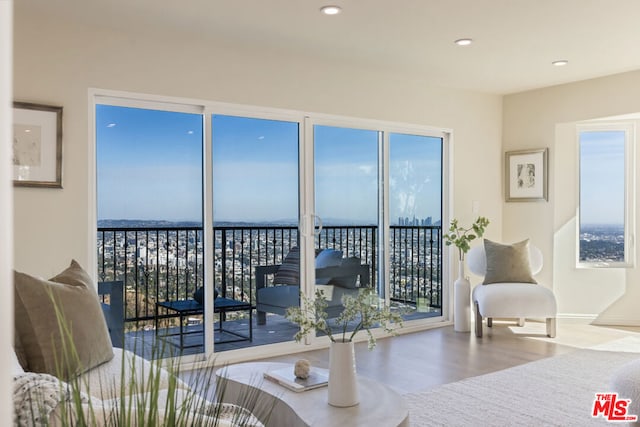 interior space with hardwood / wood-style flooring, a water view, and a wealth of natural light