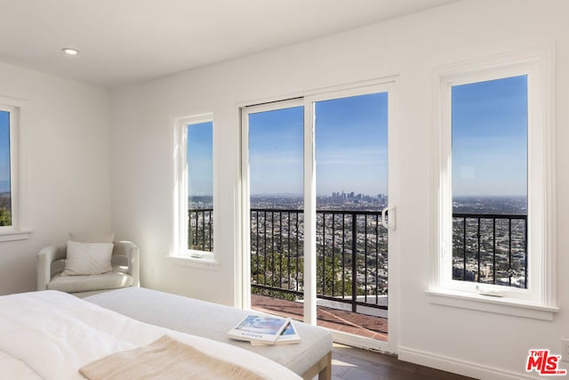 bedroom featuring multiple windows, access to exterior, and hardwood / wood-style flooring