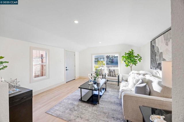 living room featuring lofted ceiling and wood-type flooring