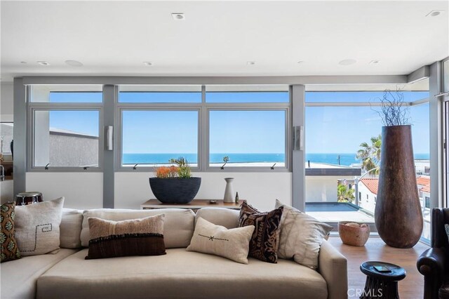 interior space with wood-type flooring and a water view