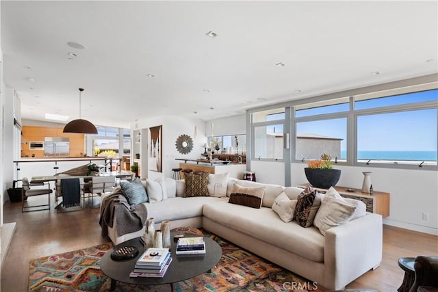 living room featuring a water view and light hardwood / wood-style floors