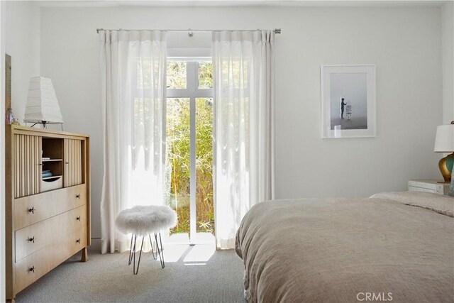 bedroom with light carpet and access to exterior