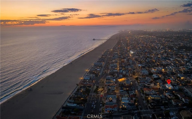 drone / aerial view with a water view and a view of the beach