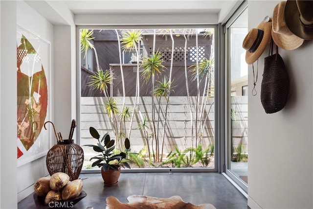 doorway with a wealth of natural light and finished concrete floors