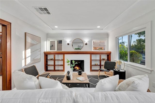 living room featuring a raised ceiling