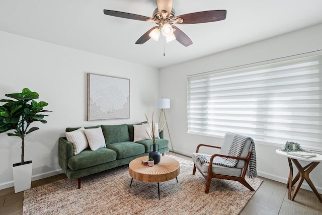 living room with ceiling fan