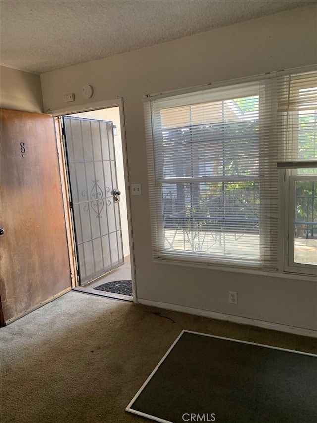 entryway with carpet floors and a textured ceiling