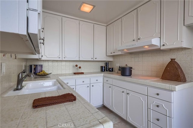 kitchen featuring white cabinetry, under cabinet range hood, and a sink