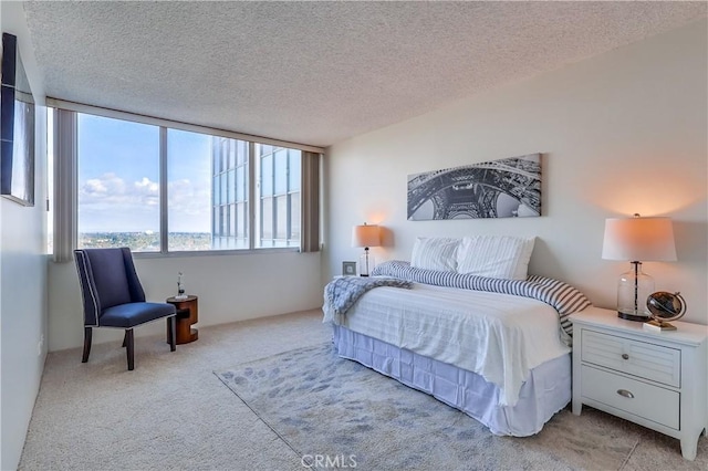 bedroom with carpet floors and a textured ceiling