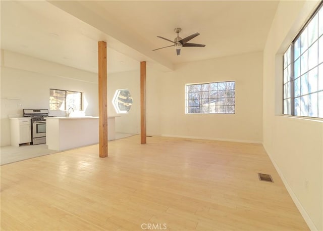 unfurnished living room with plenty of natural light, sink, and light hardwood / wood-style floors