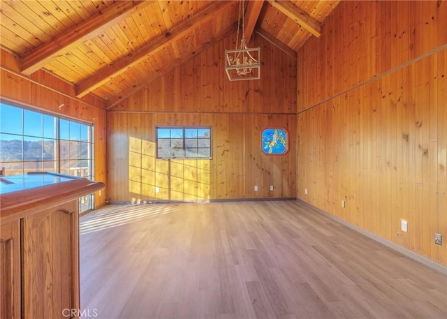 unfurnished living room with wood ceiling, wooden walls, beam ceiling, and light hardwood / wood-style floors