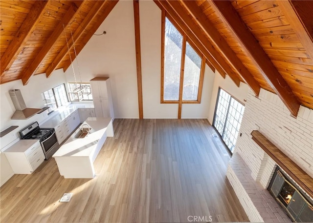 additional living space with sink, wood ceiling, light hardwood / wood-style flooring, beam ceiling, and high vaulted ceiling