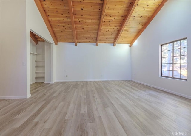 unfurnished living room featuring beamed ceiling, wood ceiling, high vaulted ceiling, and light wood-type flooring