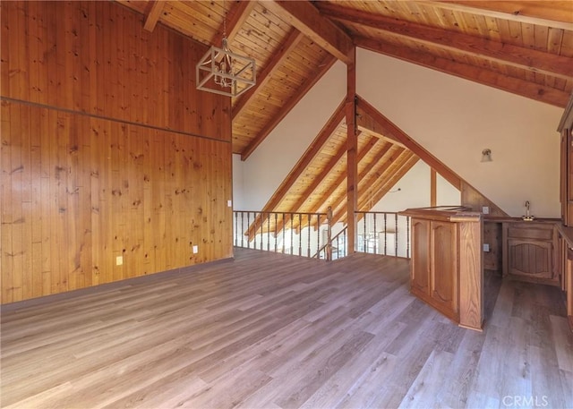 bonus room featuring wood ceiling, wooden walls, beam ceiling, and light wood-type flooring